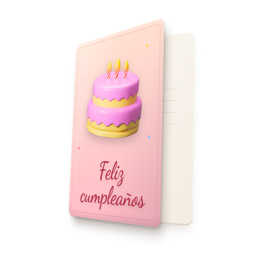 Tarjeta de cumpleaños en 3D con una tarta de dos pisos y el texto Feliz cumpleaños