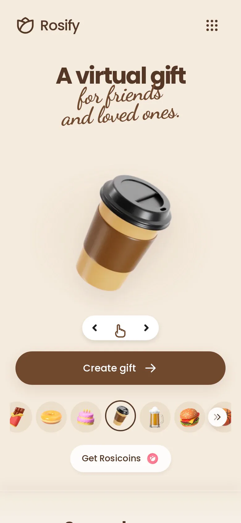Coffee selected in the Rosify creator carousel with the Create gift button