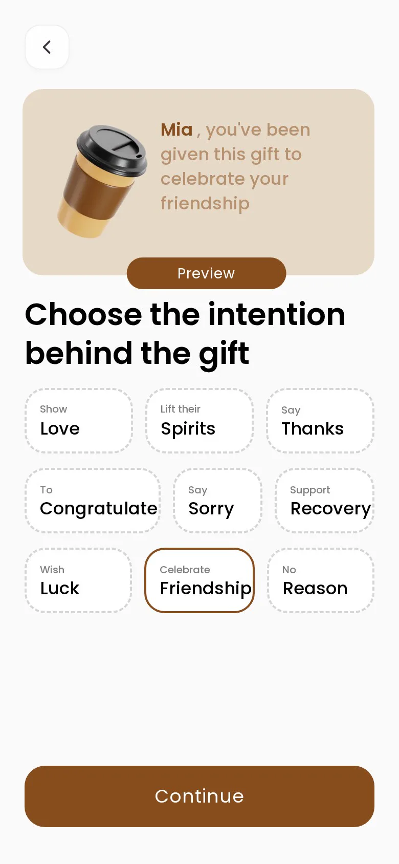 Nine intentions for the virtual gift in Rosify, with Friendship selected